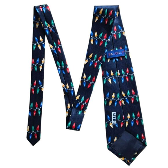VTG Parquet Christmas Light Neck Tie Multicolor Bulbs Navy Blue Holiday Novelty - Picture 5 of 6